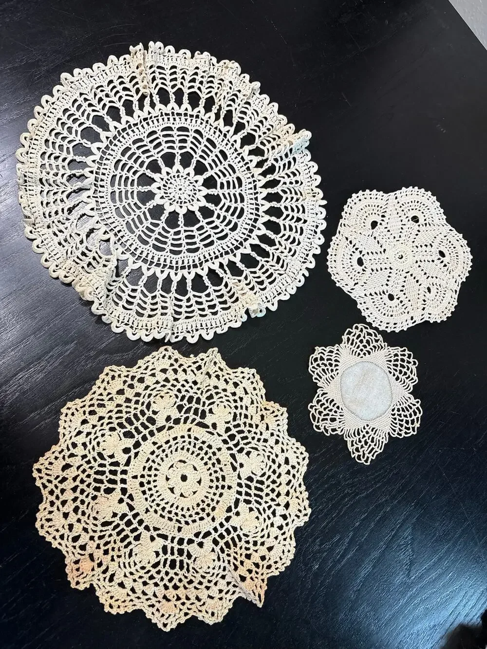 Vintage- Cottage Doilies Squares Assorted Lot of 4- tan beige- Shabby Chic